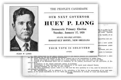 'Our Next Governor' Huey P. Long campaign card.