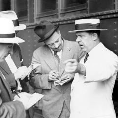 Sen. Huey Long speaks to reporters before the 1932 Democratic National Convention in Chicago, where he campaigned for Franklin Roosevelt.