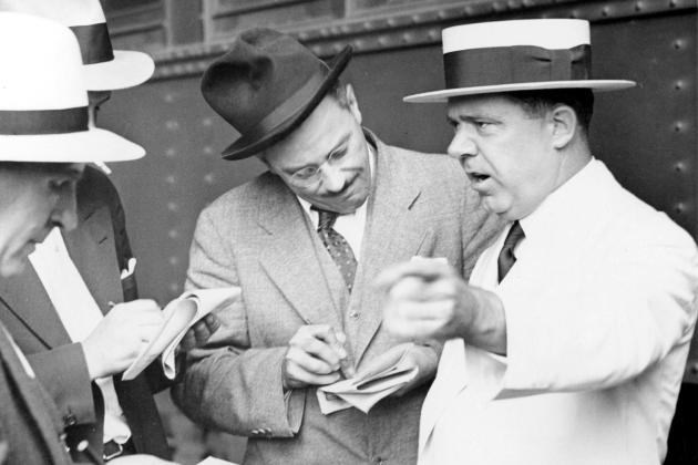 Sen. Huey Long speaks to reporters before the 1932 Democratic National Convention in Chicago, where he campaigned for Franklin Roosevelt.