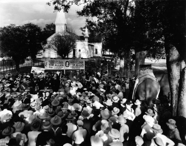 Huey Long campaigning with Oscar K. Allen; note the elephant at bottom right