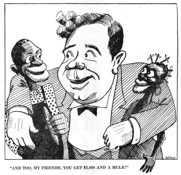 In a cartoon from a broadsheet sponsored by "thousands of Louisiana white patriots", Huey Long is criticized for advancing programs that benefited African Americans. The text of the broadsheet focuses on the dangers of abolishing the poll tax and refers to black voters as the "mongrel vote".