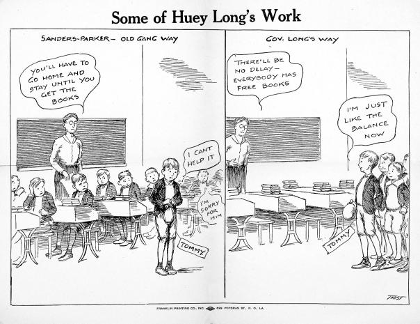 A cartoon from Huey Long's Louisiana Progress newspaper depicts how children were sent home if they did not have the required text books.