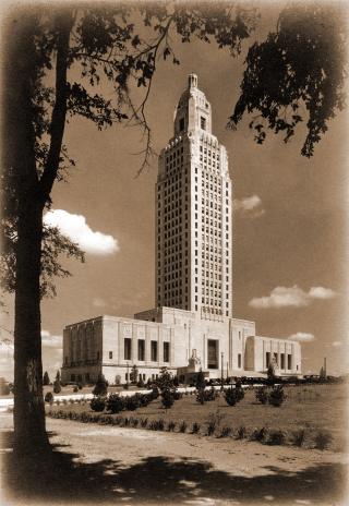 Huey Long's new Louisiana State Capitol, a 34-story skyscraper and art deco masterpiece featuring intricate artwork and carvings depicting Louisiana's unique history