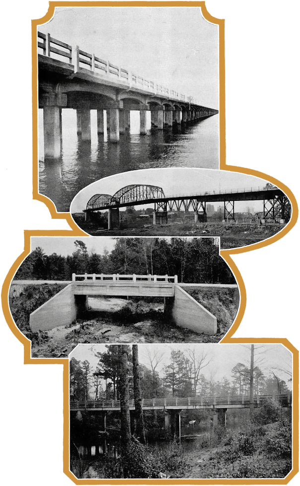 Louisiana highway bridges - the bridge at the top is a part of the five-mile concrete bridge across Lake Pontchartrain on the Old Spanish Trail near New Orleans.