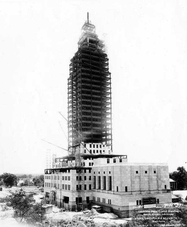 Construction of the Louisiana State Capitol by the Huey Long administration.