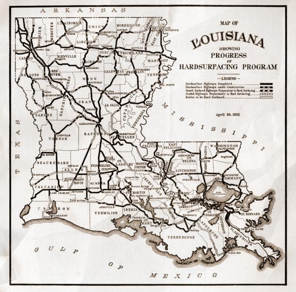 Map of road construction progress during Huey Long's administration